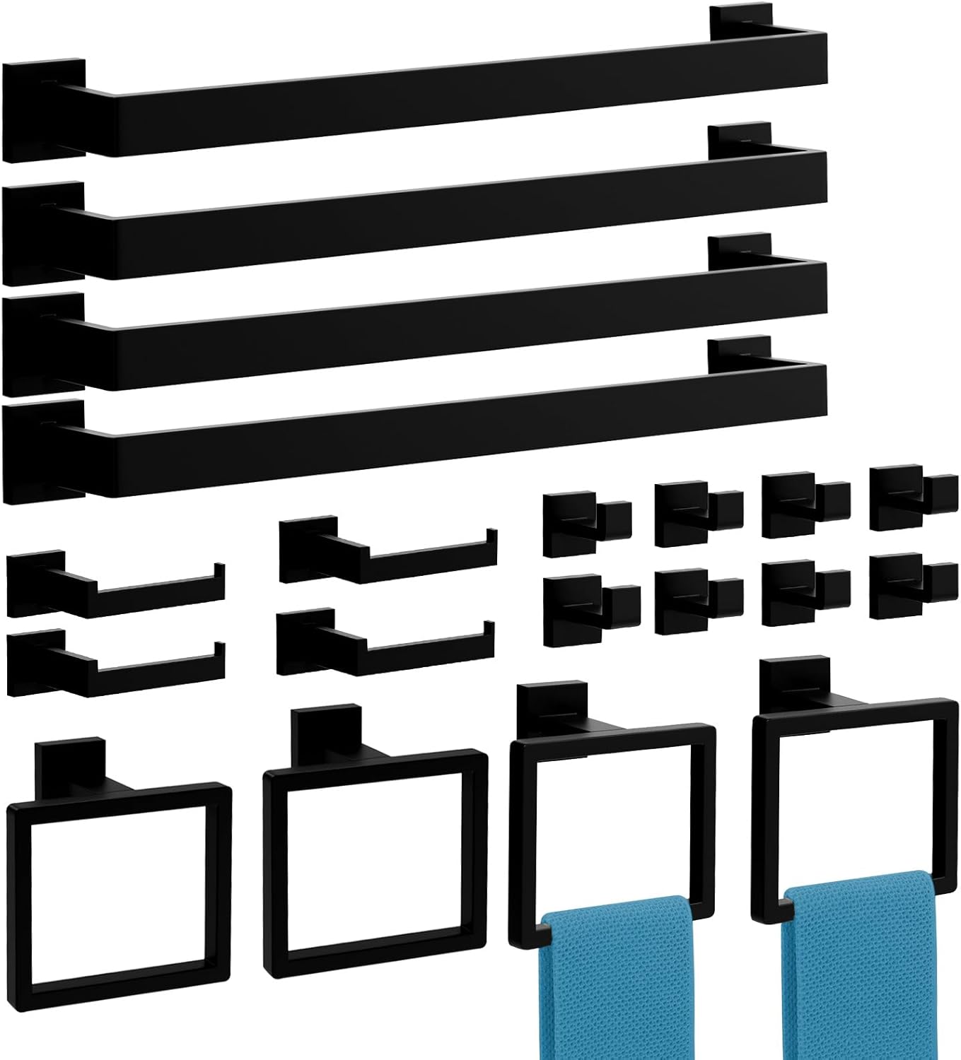 20-Pieces Matte Black Bathroom Accessories Set, 16 Inch Bath Towel Bar Set, SUS 304 Stainless Steel Bathroom Hardware Set, Towel Racks for Bathroom Wall Mounted