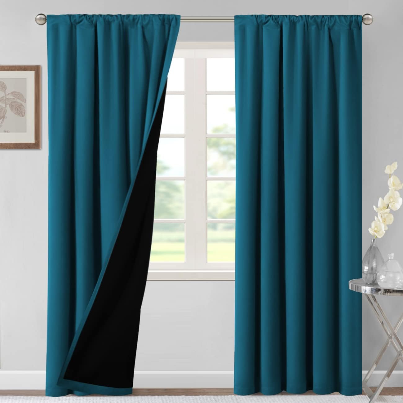 H.VERSAILTEX 100% Blackout Curtains for Bedroom Thermal Insulated Blackout Curtains for Living Room 96 Inches Long Rod Pocket Curtains with Black Liner 2 Panels Set, Dark Teal