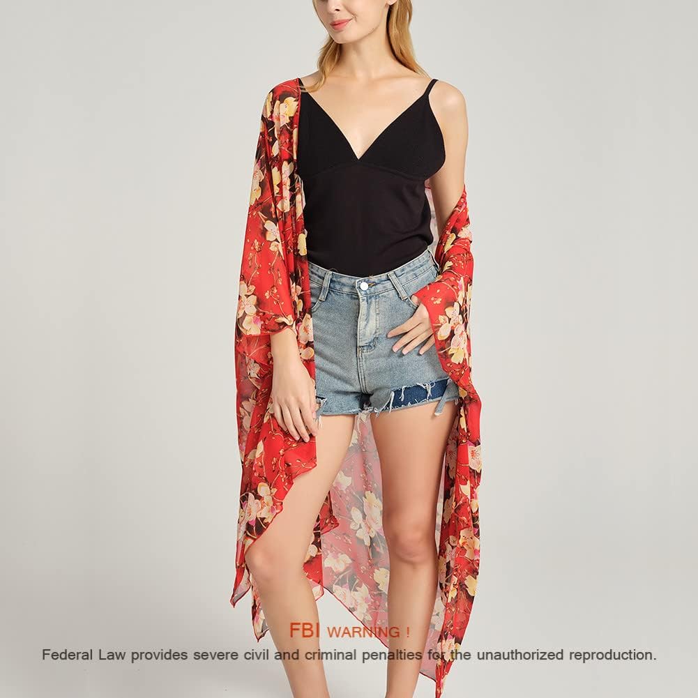 Women's Bohemian Floral Chiffon Beach Cover up Swimsuit Kimono Summer Swimwear Cardigans