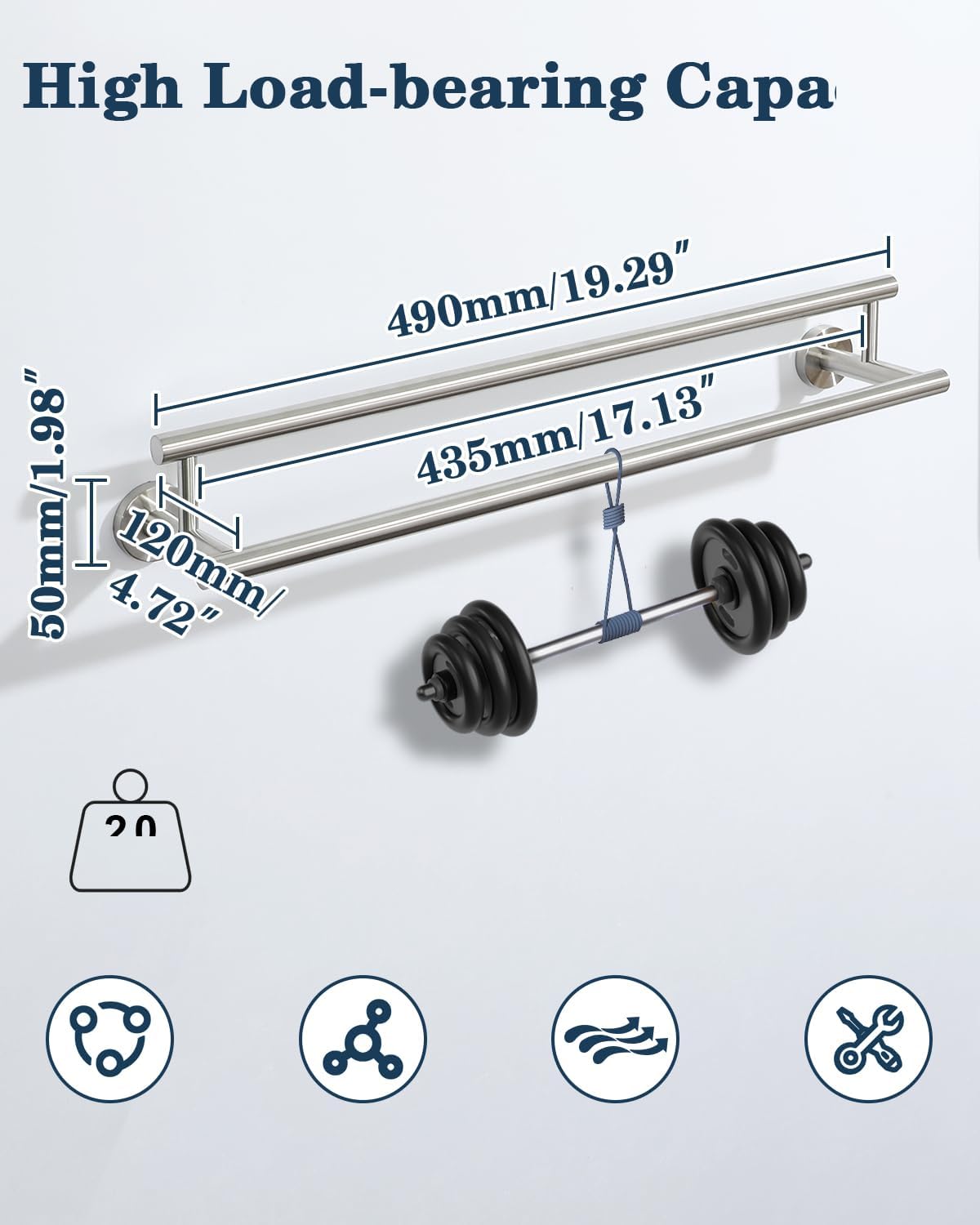 Alise Double Bath Towel Bars,20 Inch Towel Racks for Bathroom Wall Mounted,SUS304 Stainless Steel Towel Holder,Space-Saving Towel Hanger,Modern Decor Towel Rod,Brushed Nickel Towel Rail,GYT6902-500-LS