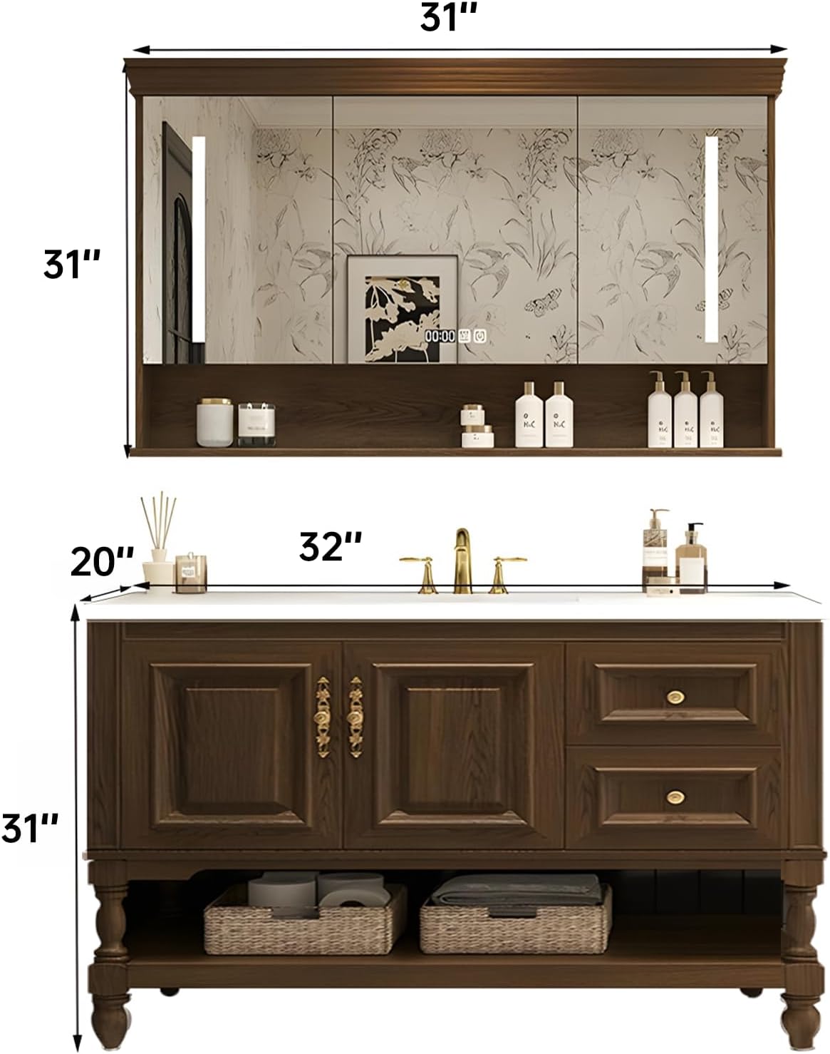 32" Bathroom Vanity with Sink,Freestanding Bathroom Vanity Large Storage Cabinet & Open Mirror Cabinet,2 Soft Closing Doors and 2 Drawers Solid Wood Luxury Bathroom Vanities Set,Brown