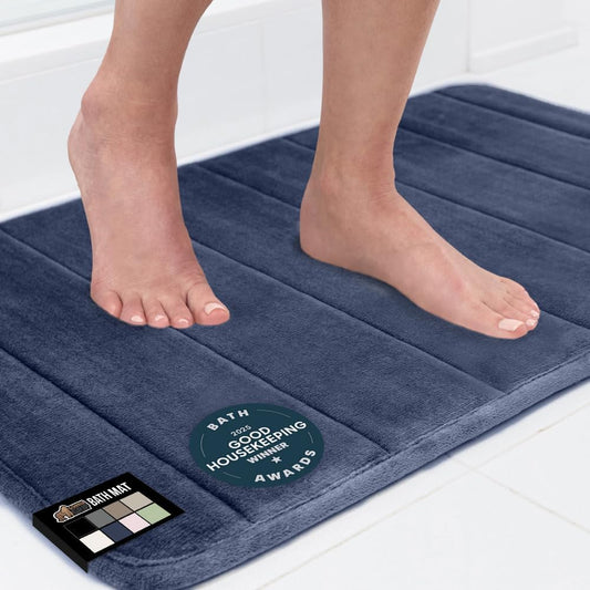 GORILLA GRIP Memory Foam Bath Mat, Soft Absorbent US Designed Bathroom Rug, Gripping Dots Machine Washable Bathmat, Cushioned Floor Mats, Shower Sink Rugs Room Décor Accessories, 42x24 Navy Blue
