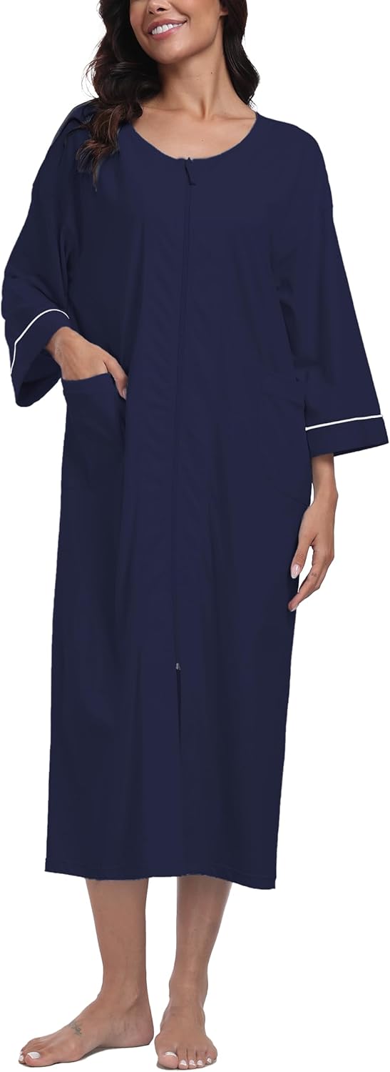 ANLIQI Women's 100% Cotton Robes Long Zipper Front House coats 3/4 Sleeve Bathrobes Lightweight Full Length Robe with Pockets