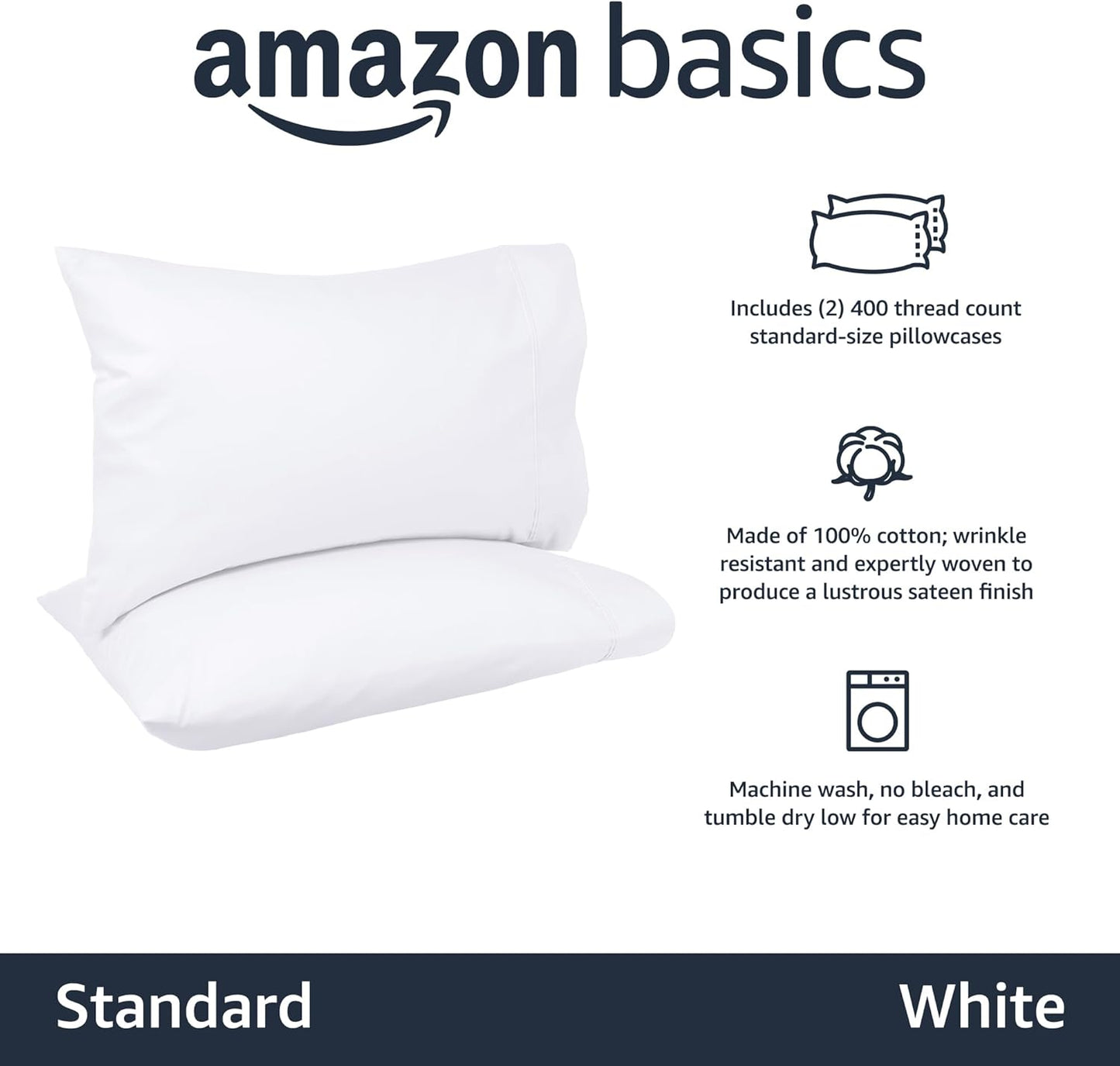 Amazon Basics 400 Thread Count Cotton Pillow Case, Standard, 30" L x 20" W, White - Set of 2, Pillows Not Included