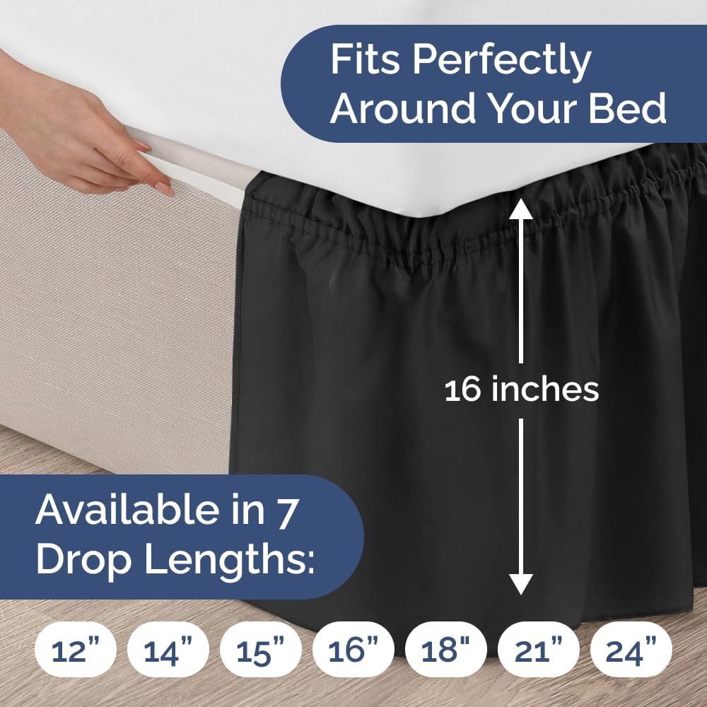 Wrap Around Dust Ruffle Bed Skirt - Black - for Full Size Beds w/ 16 Inch Drop - Easy Fit Elastic Strap - Adjustable Pleated Bedskirt w/Brushed Fabric, Wrinkle & Fade Free Women, Men, Kids & Teens