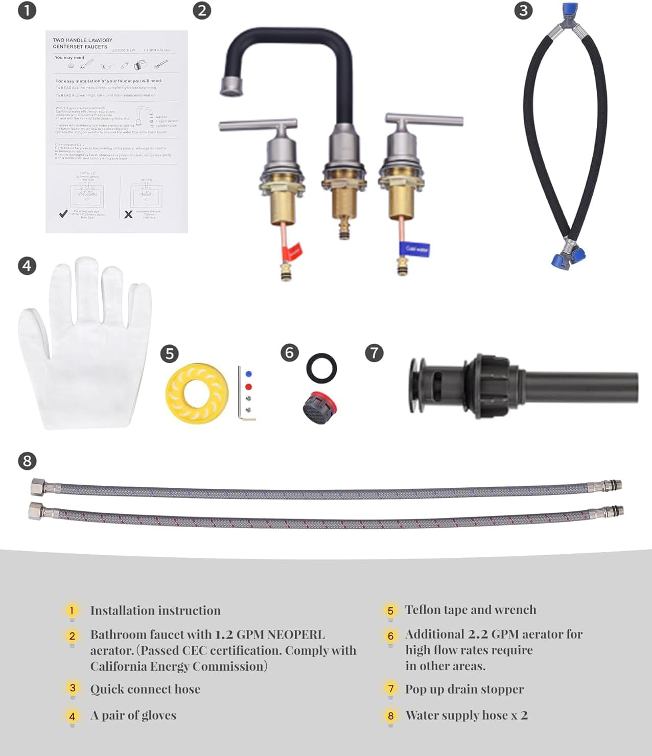 WOWOW 3 Hole Bathroom Faucet Widespread Bathroom Sink Faucet 8 inch, 3 Piece Vanity Tap with Drain, Brushed Nickel and Matte Black Tall Basin Tap 2 Handle