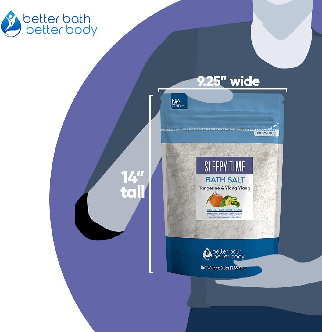 Sleepy Time Bath Salt 128 Ounces (8 Lbs) Epsom Salt with Natural Tangerine and Ylang Ylang Essential Oils Plus Vitamin C in BPE Free Bulk Size Pouch with Easy Press Lock Seal Made in USA