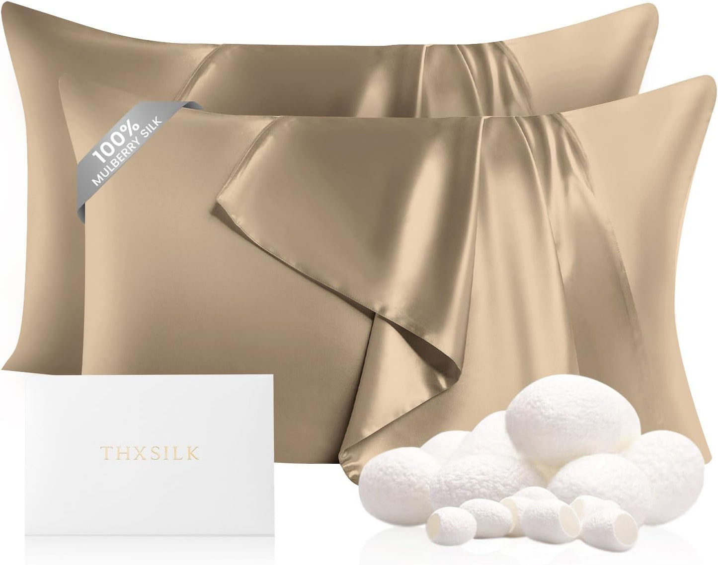 THXSILK Set of 2 100% Mulberry Silk Pillowcase for Hair and Skin, Grade 6A+ Mulberry Silk Pillow Cases 22 Momme, Hypoallergenic Pillow Case Cover with Zipper (Queen 20"x30", Taupe)