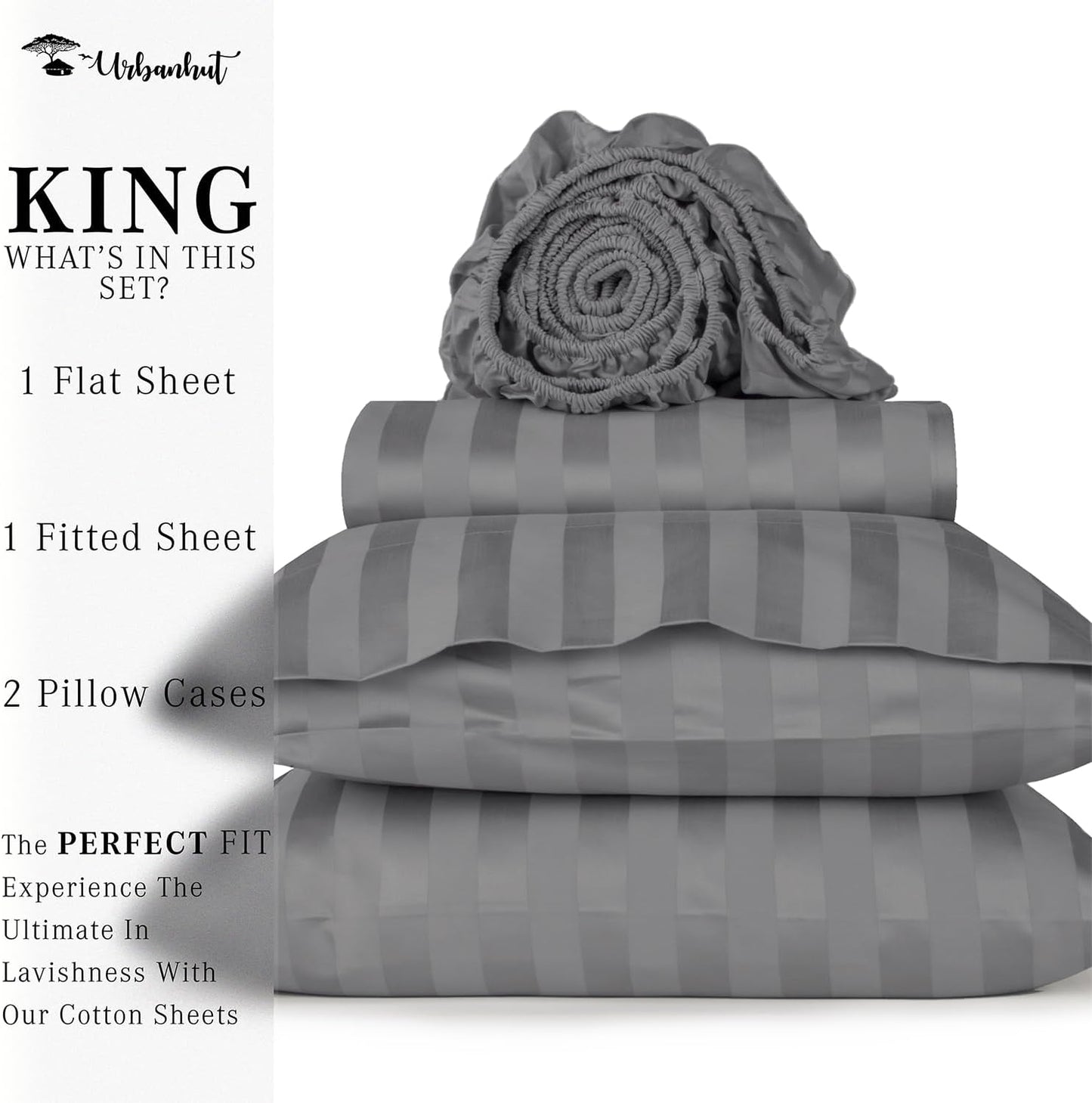 URBANHUT 1000 Thread Count Egyptian Cotton Sheets Damask Striped King Size, Long Staple Soft & Breathable, 4 Pc Bed Sheet Sets, Luxury Hotel Sateen Sheets Fits 16" Deep Pocket - Dark Grey