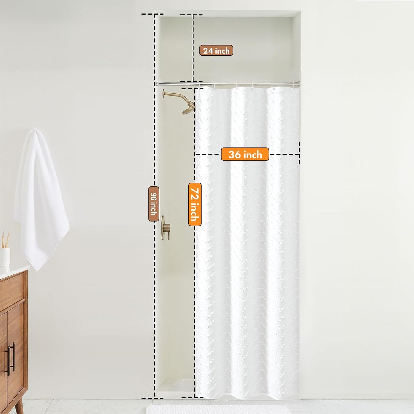 Small Stall White Boho Fabric Shower Curtain, 36x72 Half Size, Textured Tufted Chevron Striped Minimalist Cloth Bathroom Shower Curtain