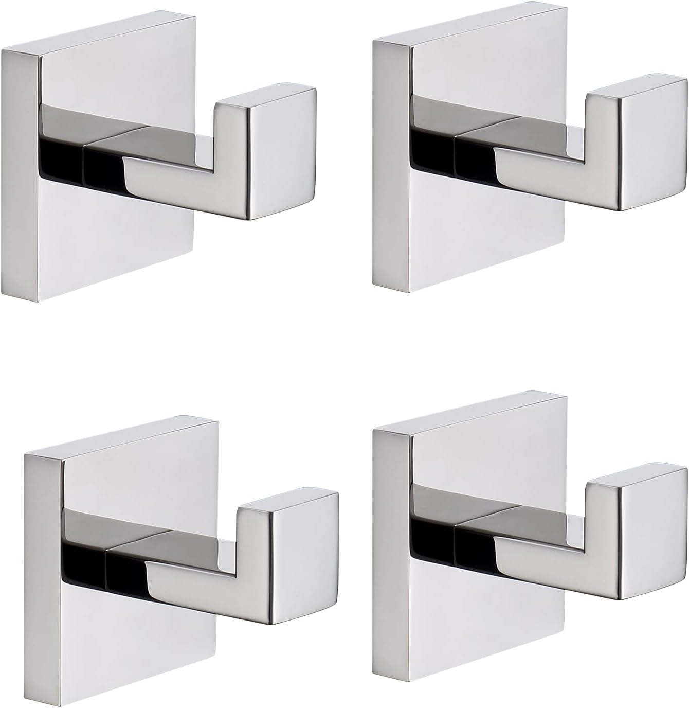 TASTOS Bath Towel Hooks Polished Chrome, 4 Pack Stainless Steel Robe Coat and Clothes Hook, Heavy Duty Wall Hook for Bathroom & Kitchen, Modern Square Style Wall Mounted