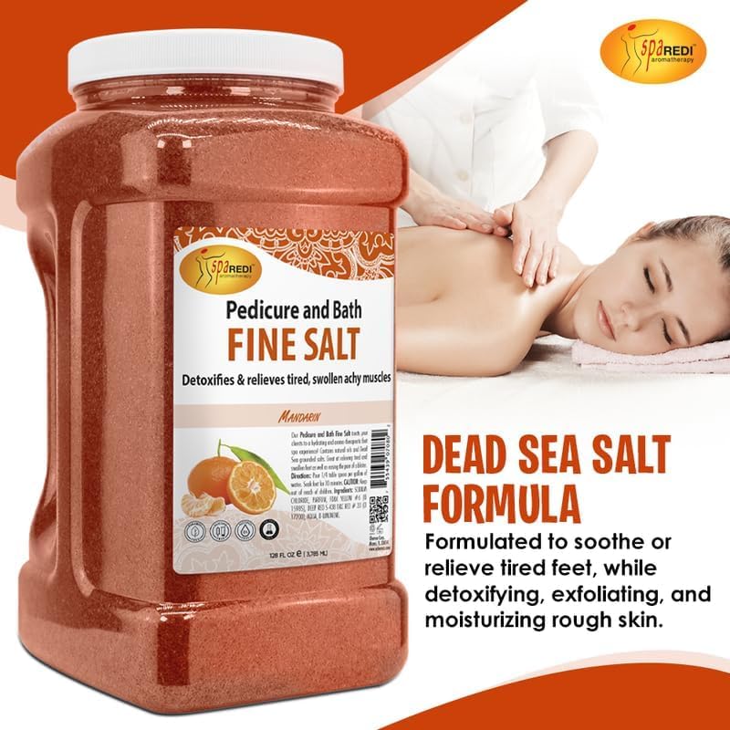 SPA REDI - Detox Foot Soak Pedicure and Bath Fine Salt, Mandarin, 128 Oz - Made with Dead Sea Salts, Argan Oil, Coconut Oil, and Essential Oil - Hydrates, Softens and Moisturizes
