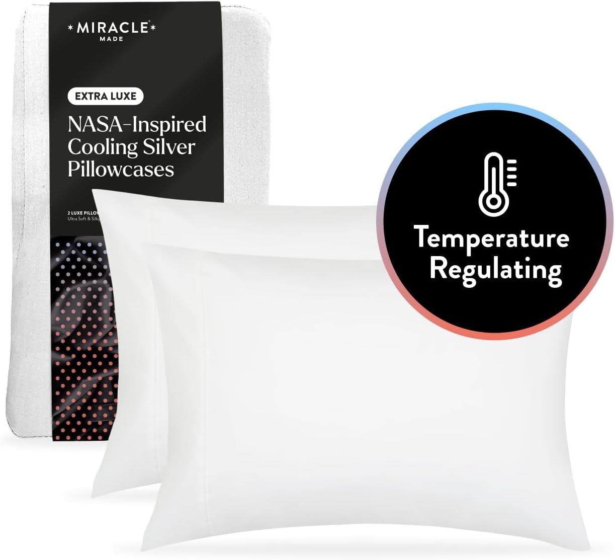 Miracle Made Extra Luxe Soft Cooling Pillowcase, 2-Piece Silver-Infused Cotton Fabric – Lightweight, Thermoregulating, Breathable Cover for Sensitive Skin, King/Cali King Size, White