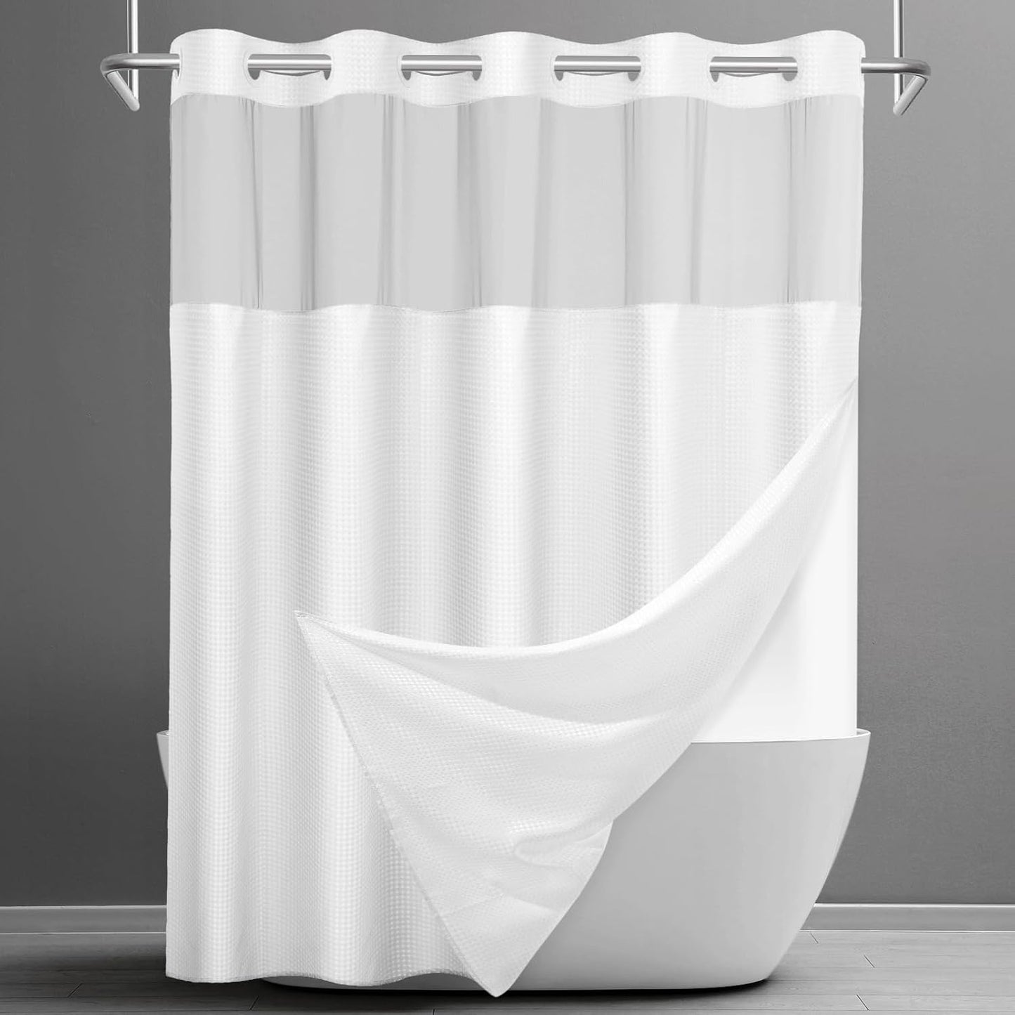 No Hook Shower Curtain with Snap in Liner Set Waffle Shower Curtain for Bathroom Hotel Style Fabric Waterproof Inner Liner，71" W x 80" H, White