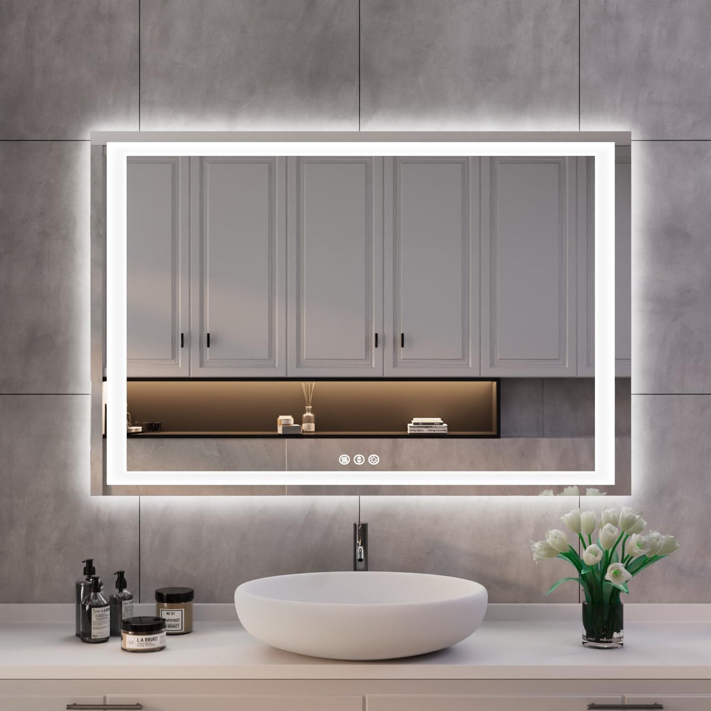 ISKM 44'' x 28'' LED Mirror for Bathroom Lighted Vanity Mirror for Wall Front Lights + Backlit LED Bathroom Mirror Anti-Fog Tempered Glass ETL Listed