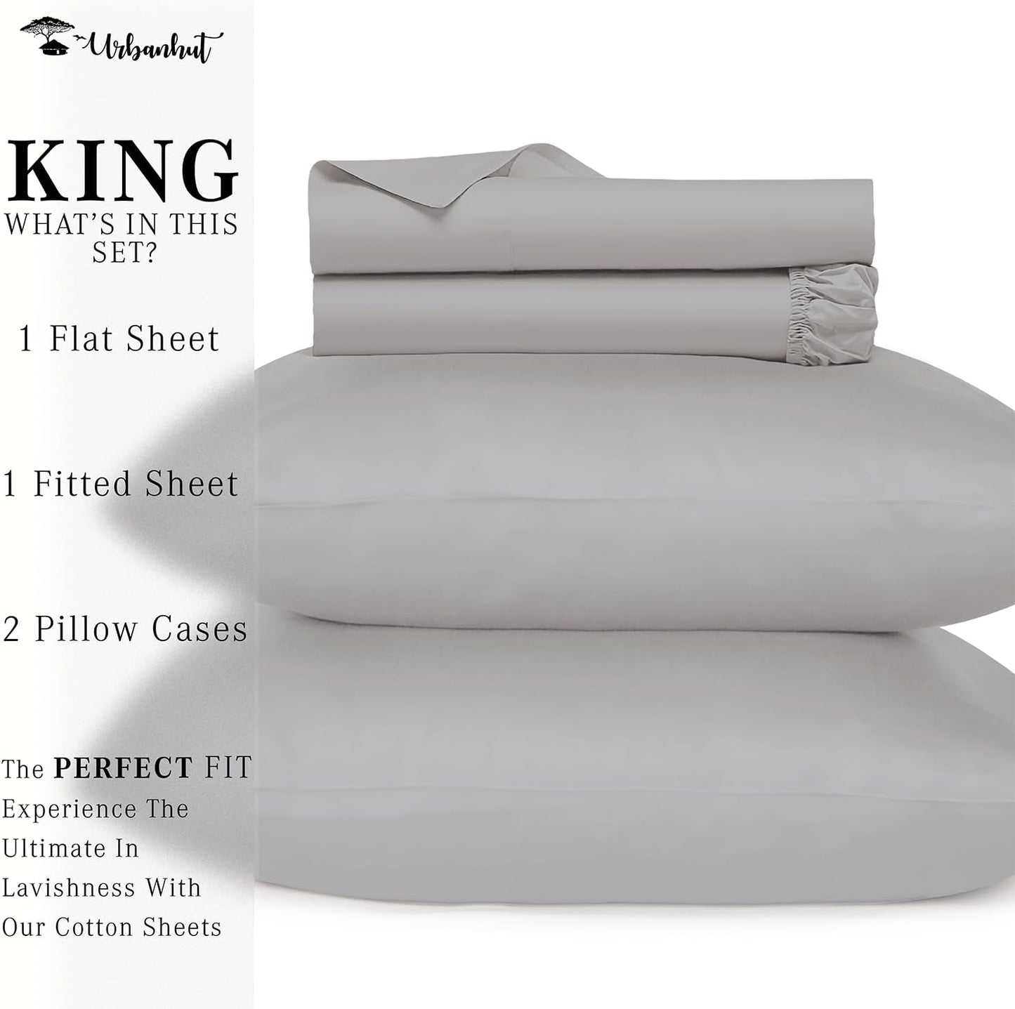 URBANHUT 700 Thread Count Egyptian Cotton Sheets King Size, 4Pc Sheet Set Soft Luxury Bed Sheets for King Size Bed, Sateen Weave Hotel Sheets, 16'' Elasticized Deep Pocket - Silver Grey