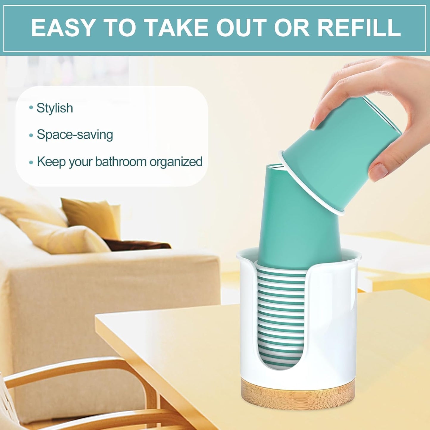 2 Pack Bathroom Cup Dispenser - Small Cup Holder and Mouthwash Cups Holder for 3 Oz Countertop - Convenient Paper Cup Dispenser - Bamboo Wood Base Bathroom Cup Holder（White）