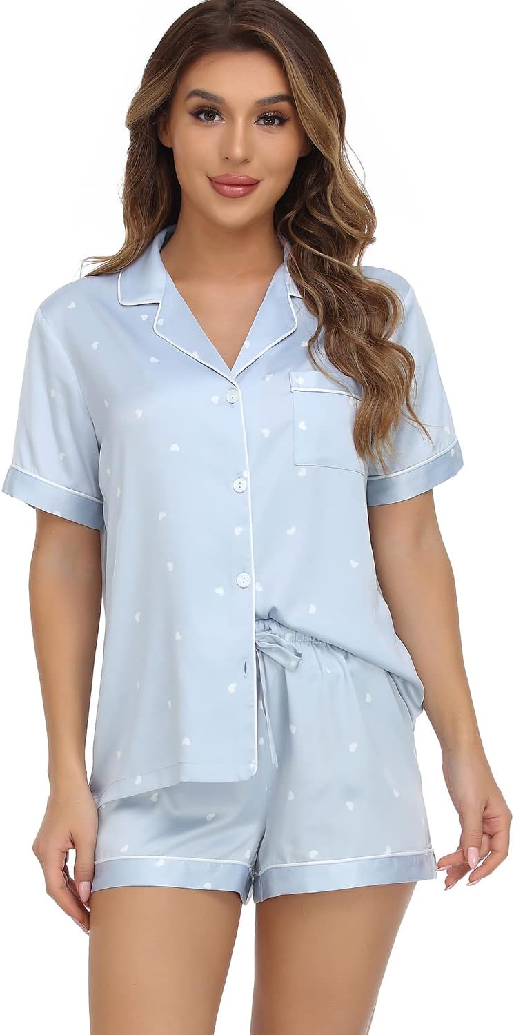 Women's Satin Pajama Set 2-Piece Sleepwear Loungewear Button Down Short Sleeve Silky PJ Set