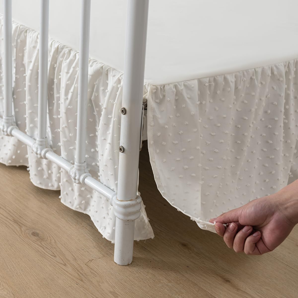 Tufted Dot Bed Skirt King Size Ruffled Bed Skirt with Split Corners, 12 Inch Drop Dust Ruffle Bed Skirts with Platform, Ivory