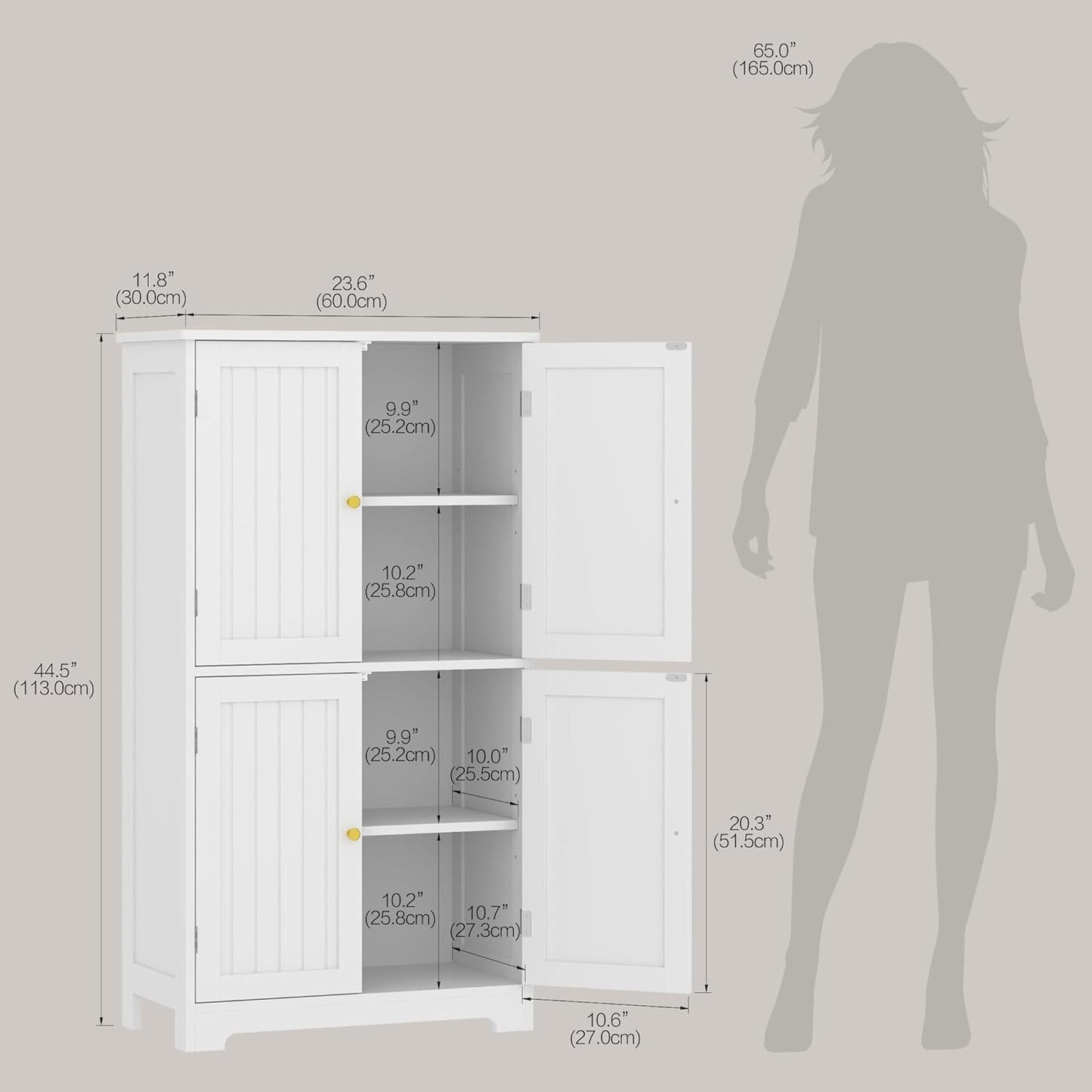 Bathroom Floor Storage Cabinet, 44.5" Freestanding Bathroom Cabinet with 4 Doors and Adjustable Shelves Modern Cupboard for Entryway, Living Room, Kitchen (White)