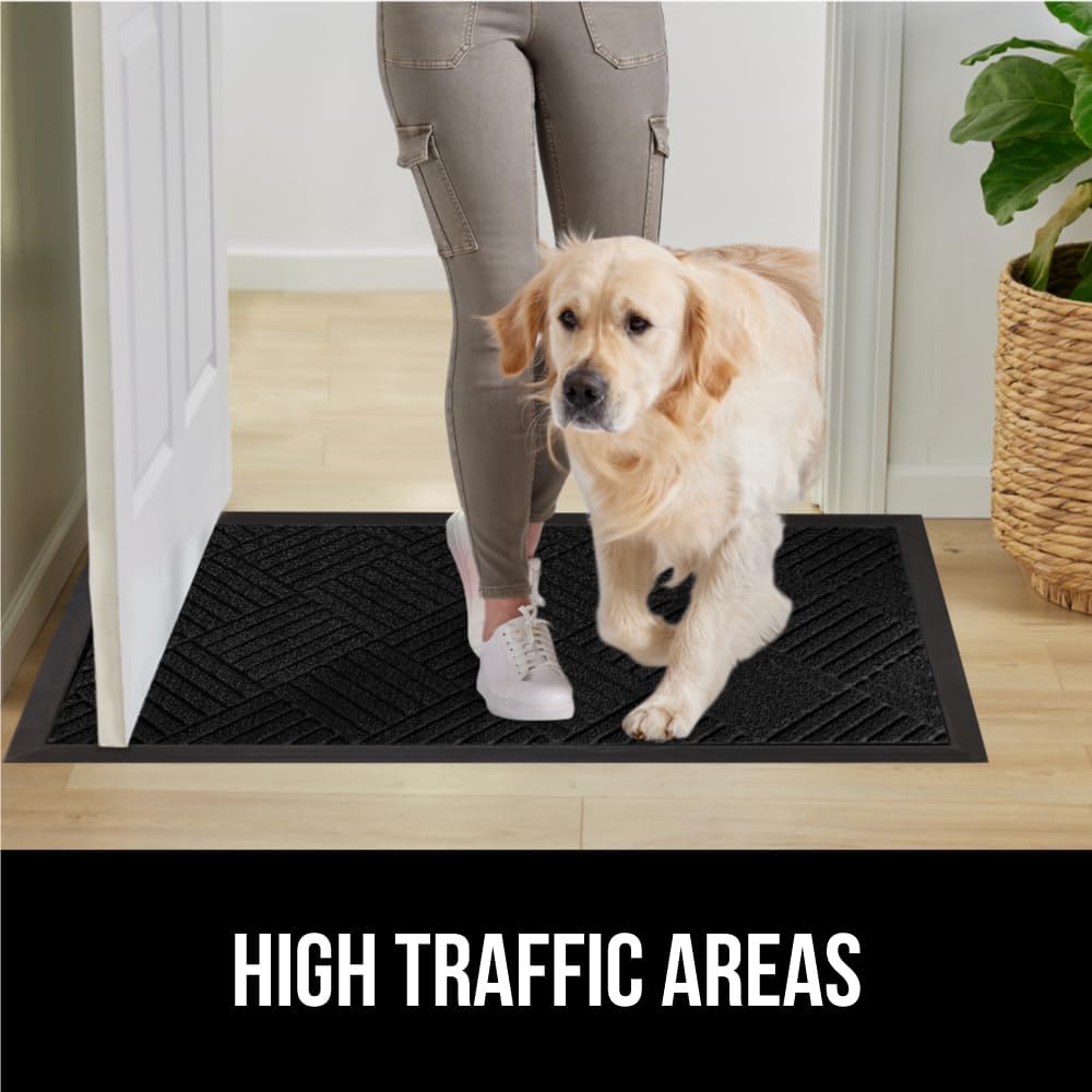 GORILLA GRIP 100% Waterproof All-Season WeatherMax Doormat US Designed Natural Rubber, Stain and Fade Resistant, Low Profile Indoor Outdoor Door Mats, Easy Clean Patio Mat, 17x29, Black Diamond