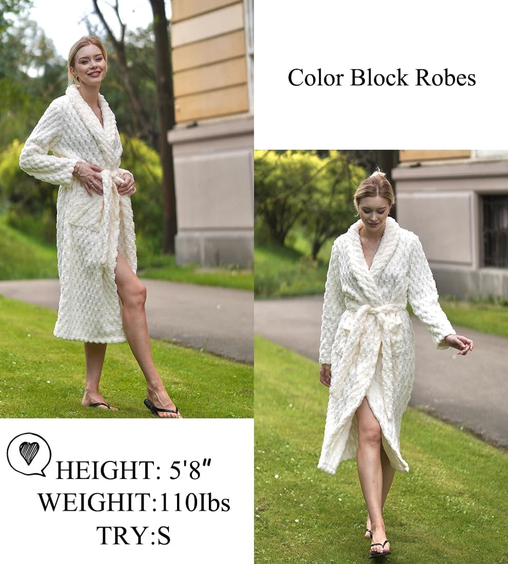 Ekouaer Women's Robe Long Plush Soft Bathrobe Jacquard Color Block Robes Shawl Collar Sleepwear with Pockets S-XXL
