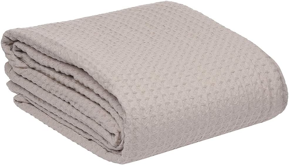 HILLFAIR 100% Combed Cotton Blanket– Twin Size Bed Blankets– Warm Soft All Season Breathable Lightweight Summer Blankets– Waffle Weave Home Decor Bed Blanket- Khaki Twin Bed Cotton Blankets/Bedcovers