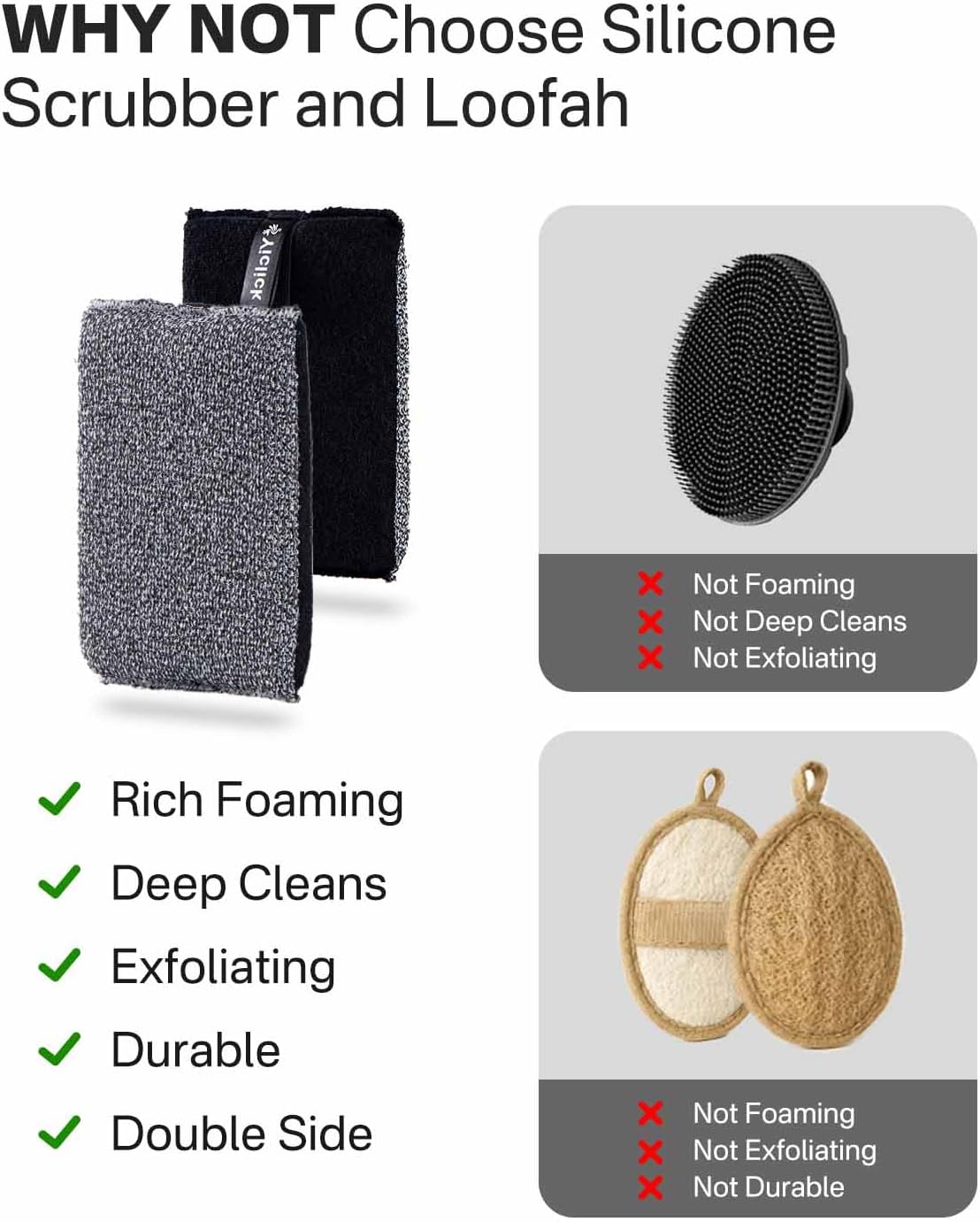 Yiclick Exfoliating Body Scrubber Exfoliator 2 Pack - Exfoliating Sponge, Shower Bath Sponge Loofah with Handle, Body Scrub Lufas Washcloth Net Brush, Dead Skin Remover for Body(Rectangle)