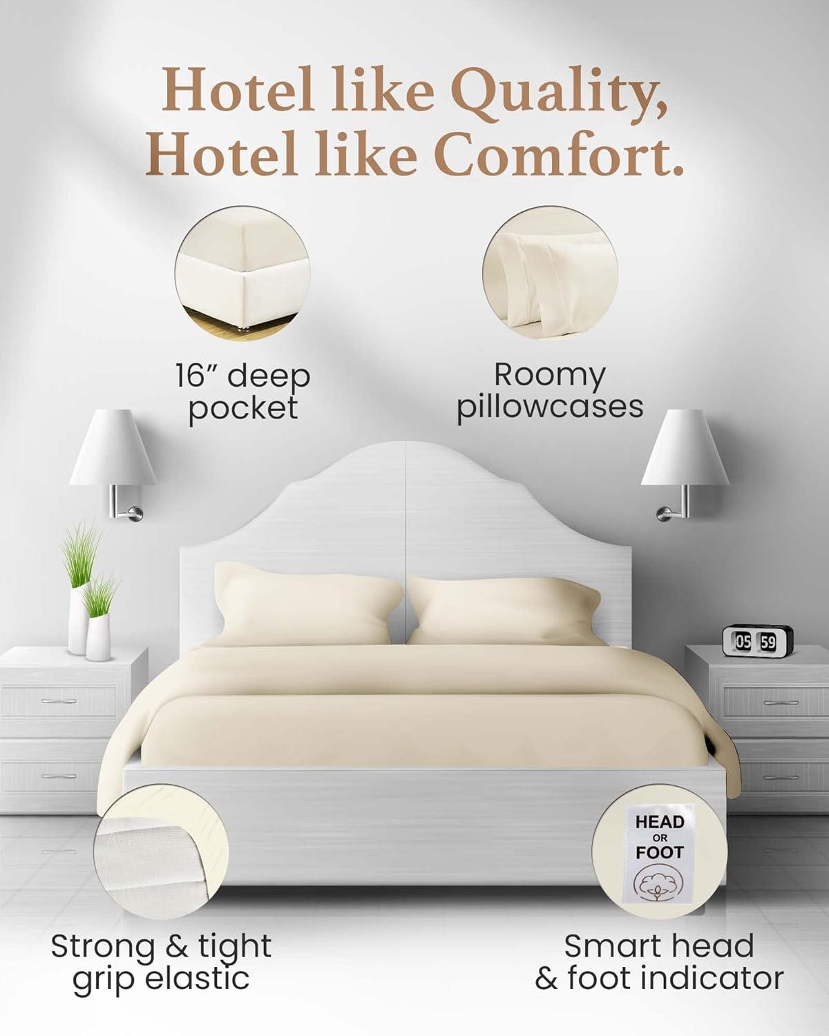 Good Sleep Bedding King Size Sheets Deep Pocket Set - 4 Pc, 100% Egyptian Cotton Sheets, 1000 TC Luxury Sheet Set, Fits Upto 16", "Soft Hotel Style King Bed Sheets with Pillow Covers - Ivory