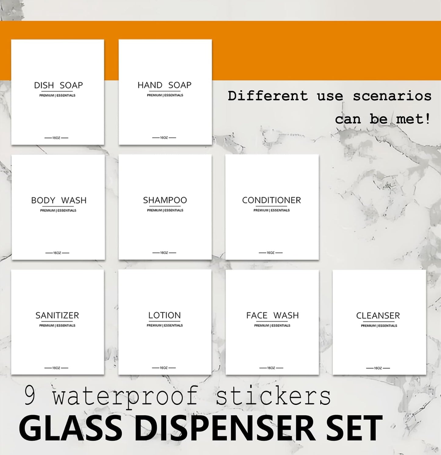 Luxury Glass Soap Dispenser Set - 2 Refillable 16.9oz Bottles, Bamboo Pump & Tray for Farmhouse & Modern Decor, 9 Waterproof Labels for Kitchen/Bathroom (White Bottle+White Bamboo Pumps+Tray)