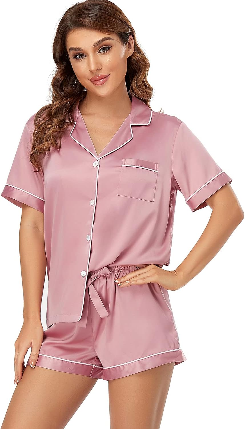 Women's Satin Pajama Set 2-Piece Sleepwear Loungewear Button Down Short Sleeve Silky PJ Set