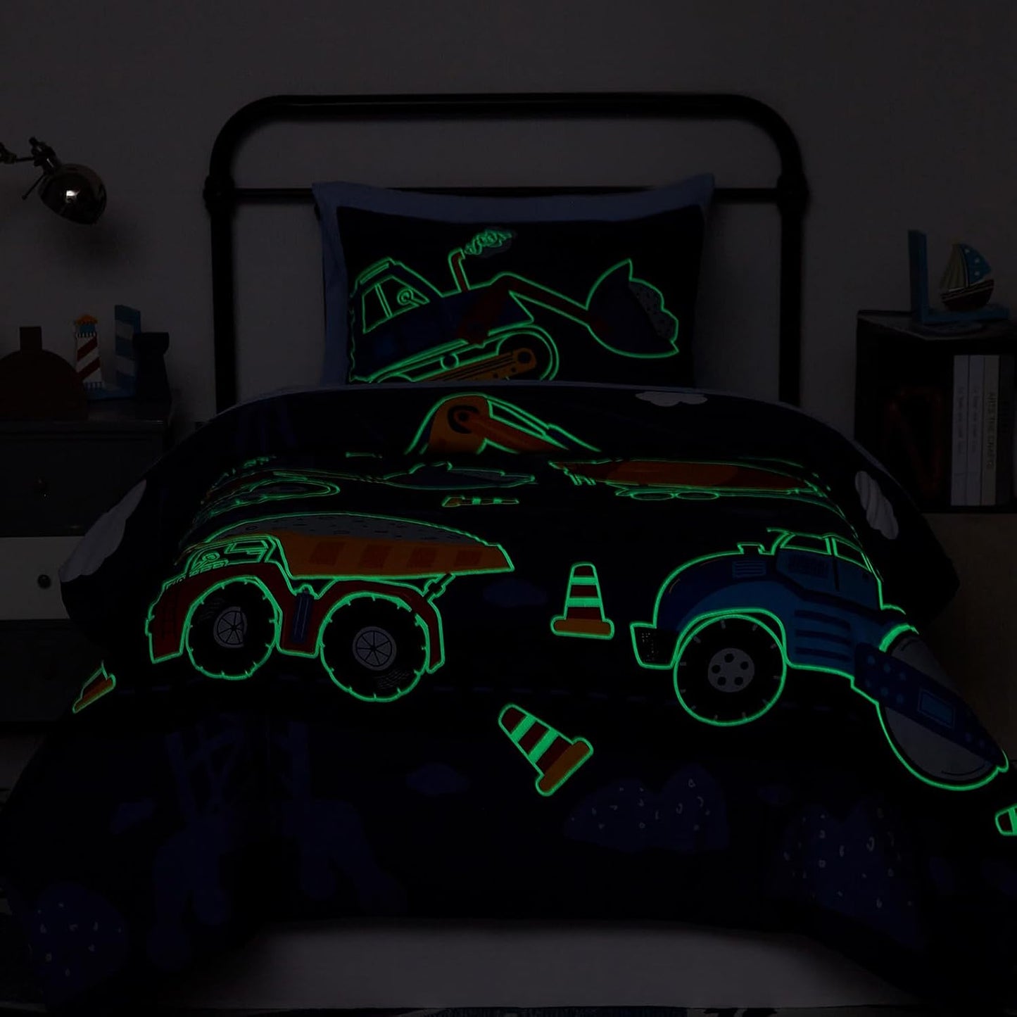 Twin Comforter Set for Boys-5 Pieces Truck Tractor Excavator Glow in The Dark Twin Bedding Sets for Kids, Ultra Soft Bed in A Bag with Sheets