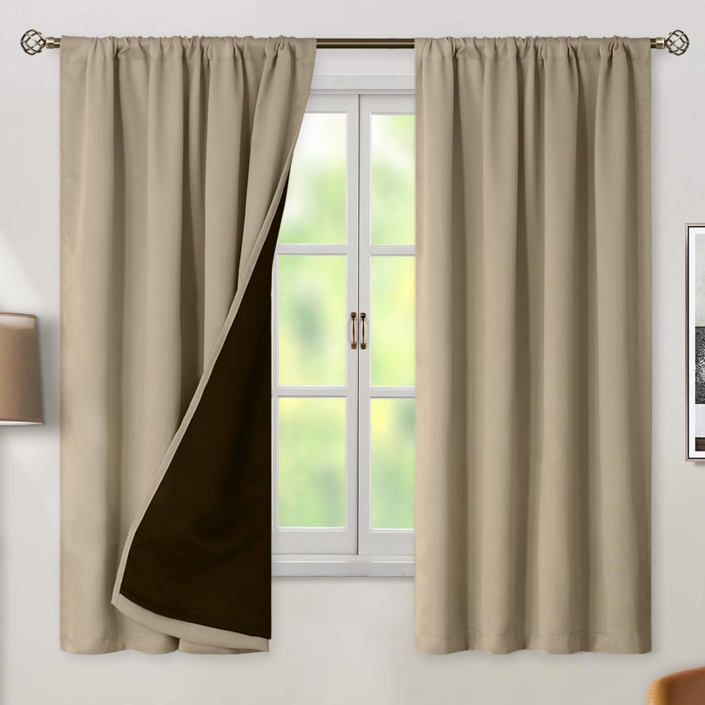 BGment 100% Blackout Curtains for Bedroom 63 Inch Length 2 Panels, Thermal Insulated Room Darkening Curtains Rod Pocket Soundproof Bedroom Living Room Window Curtains, Sand, Each 42 Inch Wide
