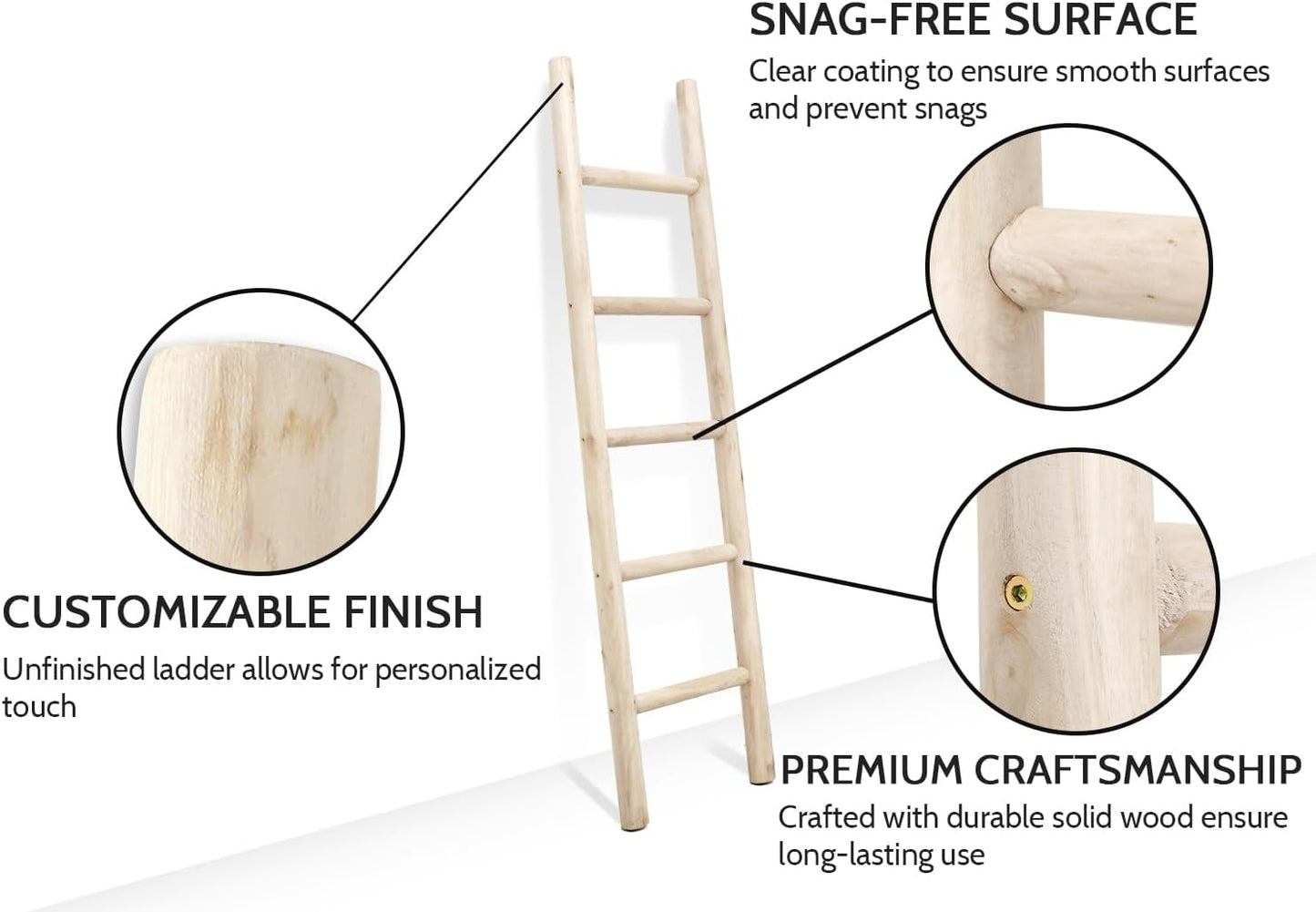 FUIN 57in Wood Blanket Ladder Living Room Decorative Wall Leaning Farmhouse Quilt Display Holder Rustic Wooden Towel Rack for Bathroom, Unfinished