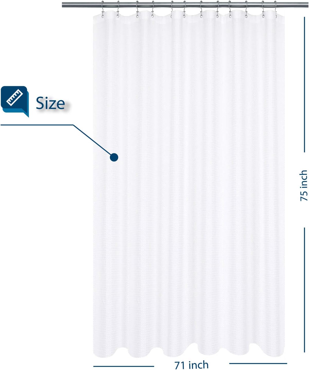 Longer Shower Curtain with 75 inch Height Fabric, Waffle Weave, Hotel Luxury Spa, Water Repellent, 230 GSM Heavy Duty, Machine Washable, White Pique Pattern Decorative Bathroom Curtain