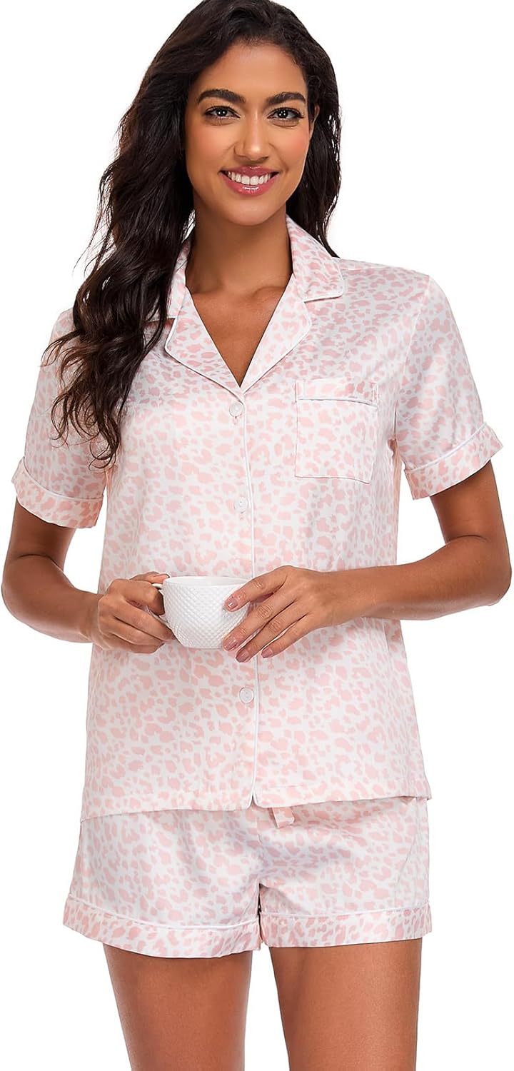 Women's Satin Pajama Set 2-Piece Sleepwear Loungewear Button Down Short Sleeve Silky PJ Set