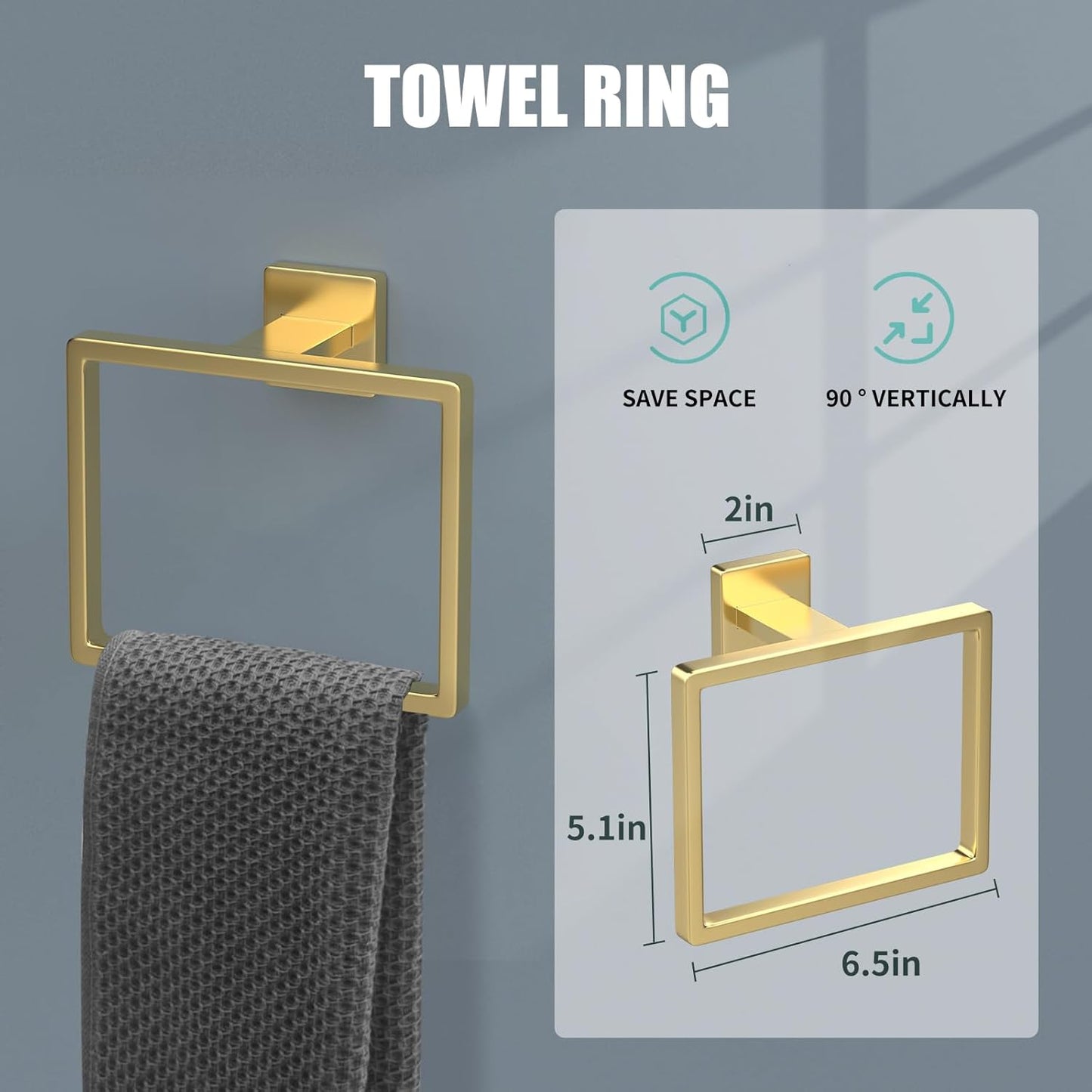 5 Piece Gold Towel Bar Set Bathroom Hardware Set Gold Bathroom Accessories Set with 2 Towel Hook, Stainless Steel Wall Mounted Bathroom Towel Rack Set Square 16-Inch