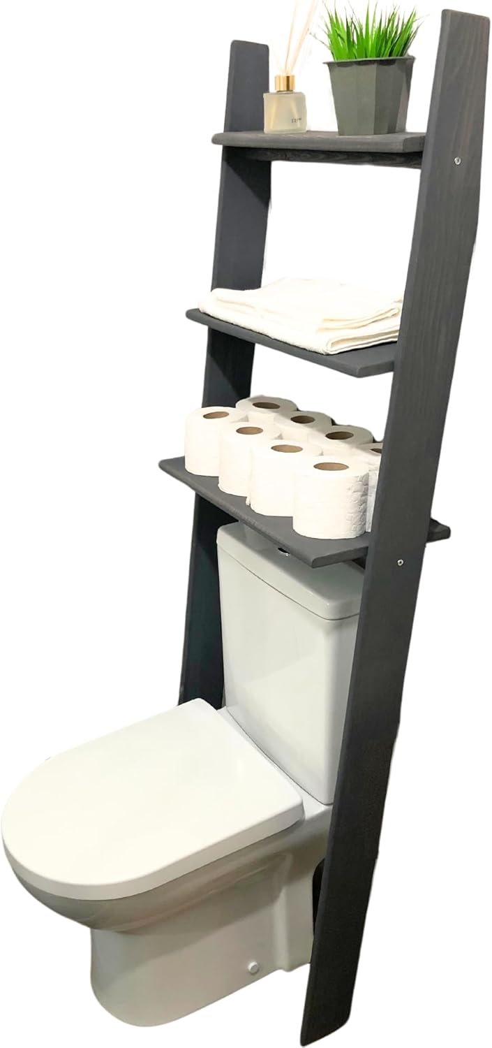 Over The Toilet Bathroom Organizer Shelves, 3-Tier Freestanding Above Toilet Storage Ladder Shelf, Standing Space Saver Behind Toilet Small Bathroom Organizer (Grey)