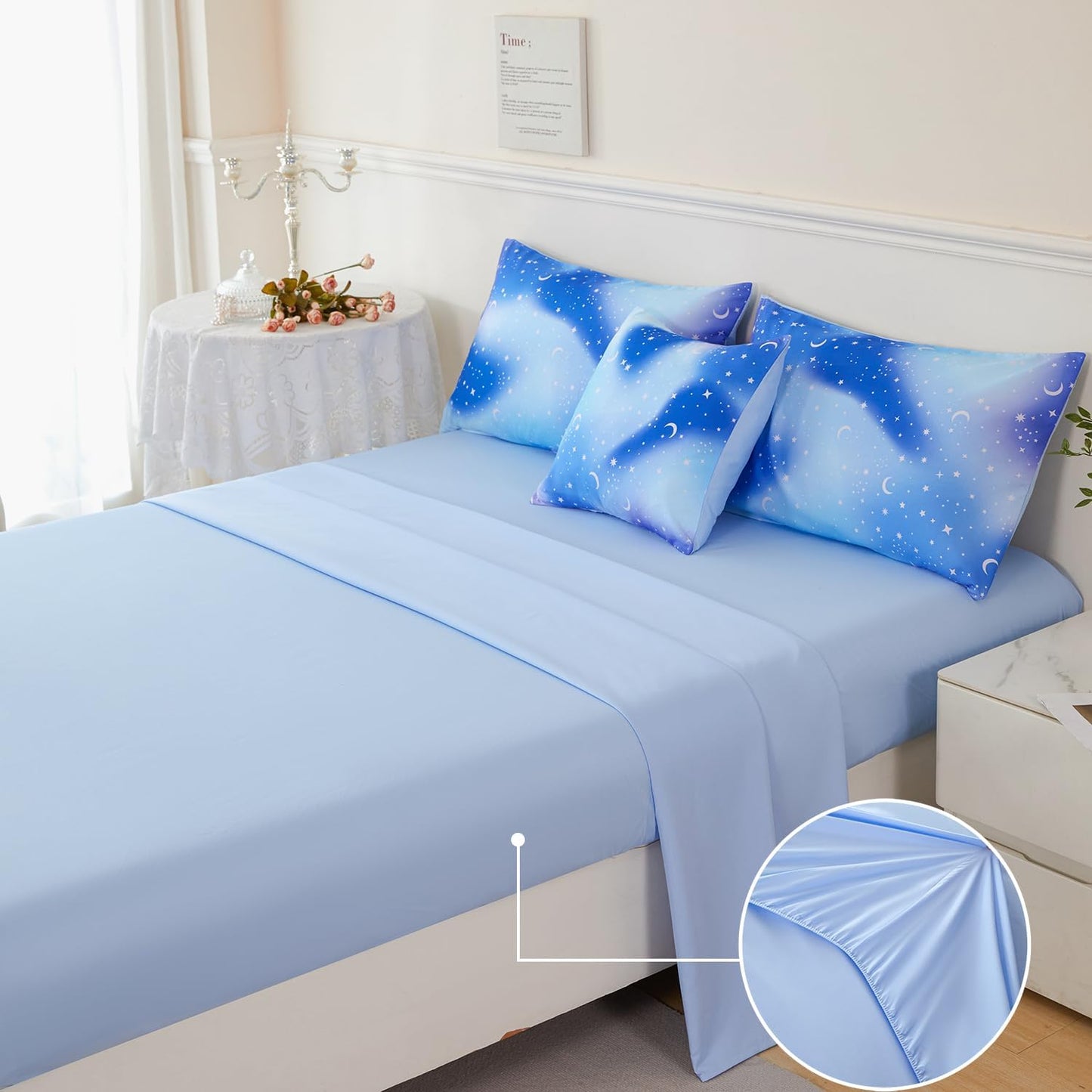 URBONUR 6Pcs Gradient Glitter Comforter Set for Girls Full Size Blue Galaxy Kids Bedding Set for Boys Comforter Sets Soft Bed in A Bag Full (Ombre Blue)