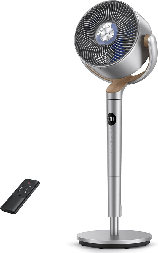 Dreo Fan for Bedroom, 120°+120°Omni-directional Oscillating Fan, DC Motor, 20 dB Quiet Standing Pedestal Fans, 90ft, 8 Speeds, 3 Modes Circulator with Remote, 35-40" Adjustable Height, 8H Timer