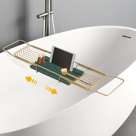 Bathtub Tray Caddy for Luxury Bath, Stainless Steel 26.8-35.4 in Expandable Extra Wide Bath Tub Tray with Natural Marble and Mobile/Tablet Stand, Ideal for Home Spa Lovers (Gold + Green)