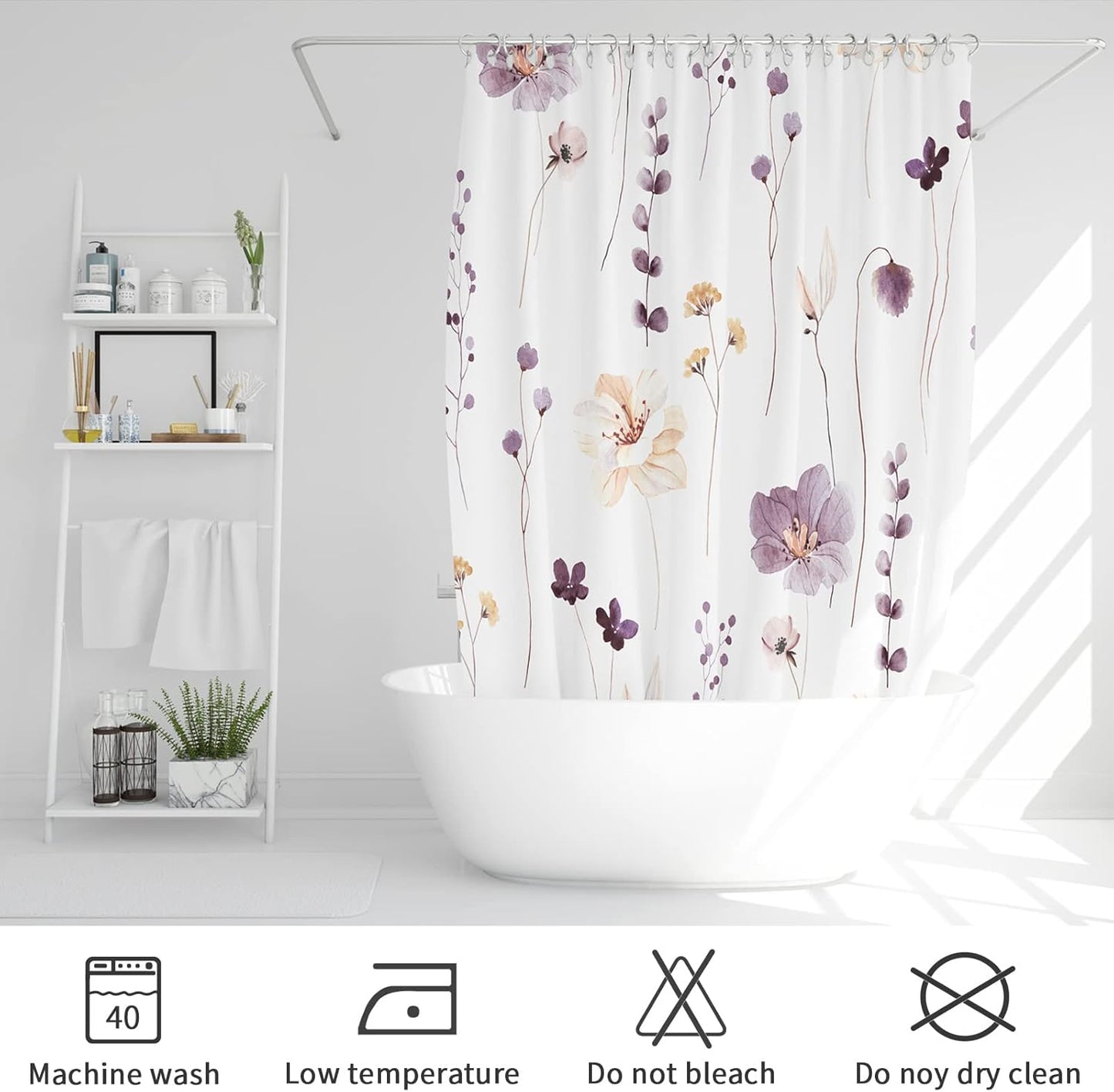 Gibelle Small Stall Shower Curtain 36 x 72, Narrow Half Watercolor Floral Fabric Shower Curtain, Plum Beige Flower Decorative Bathroom Shower Curtain Set with Hooks