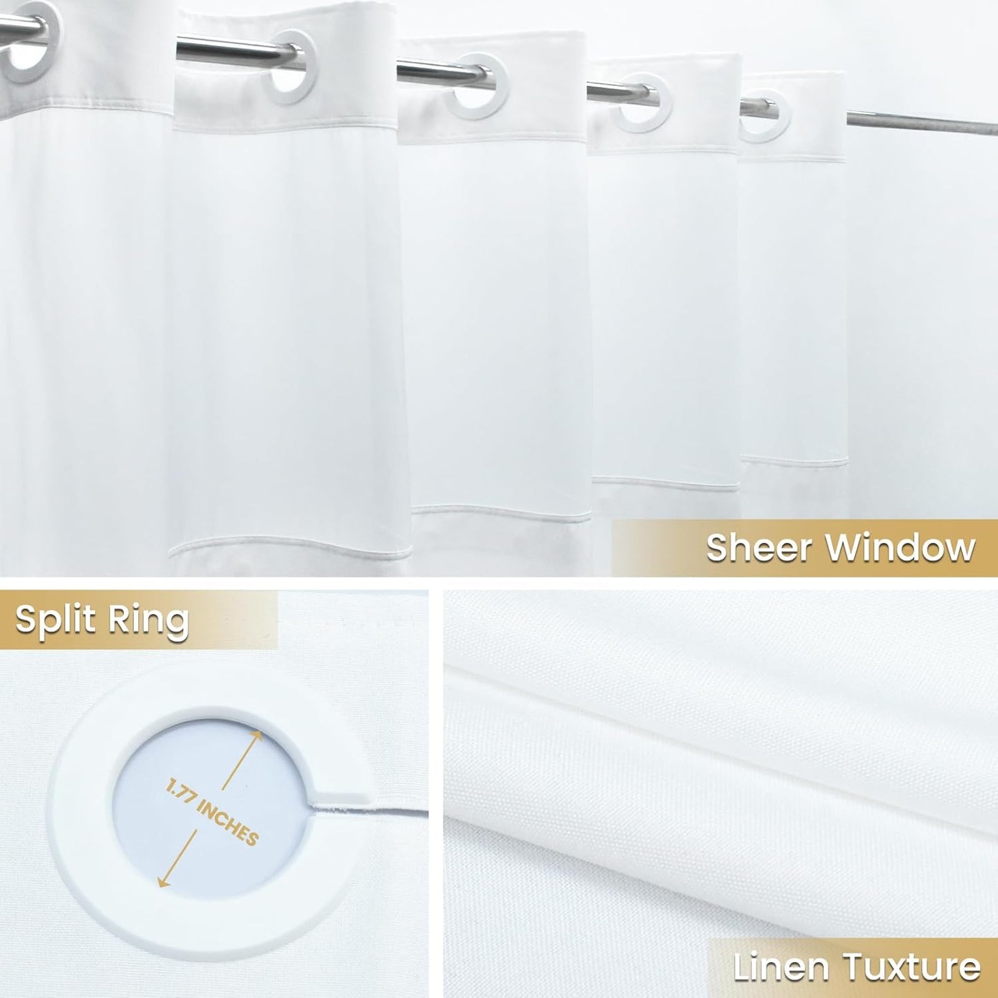 Stall No Hook Shower Curtain with Snap in Liner, Polyester Textured Shower Curtain with Liner Set, Waterproof Washable Hotel Style Shower Curtains for Bathroom, 36Wx74H, White