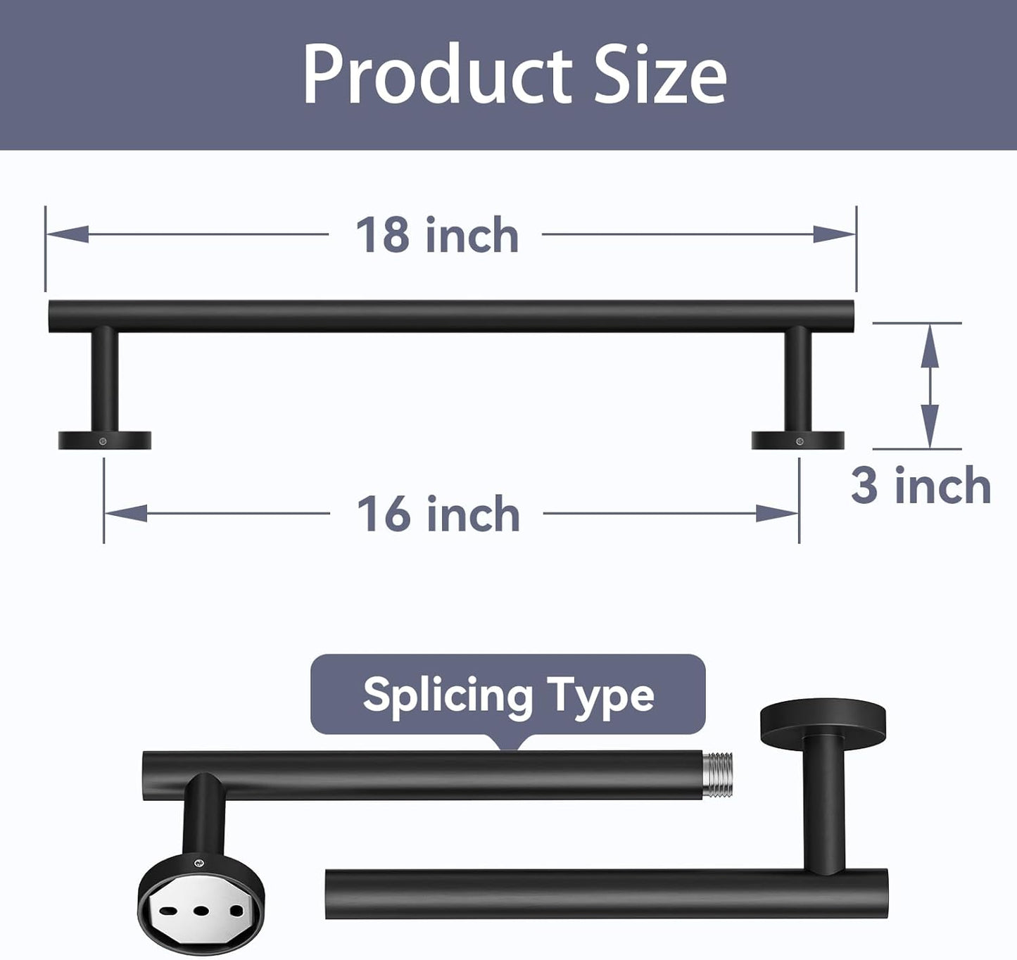 Matte Black Towel Bar, 16 Inch Bathroom Towel Rack, Towel Holder Wall Mounted, Thicken SUS304 Stainless Steel Towel Rod Modern Home Decor (Total Length 18-Inch)