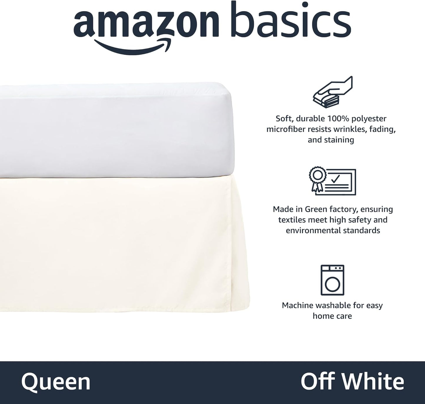 Amazon Basics Lightweight Pleated Bed Skirt, Queen, Off White, Solid