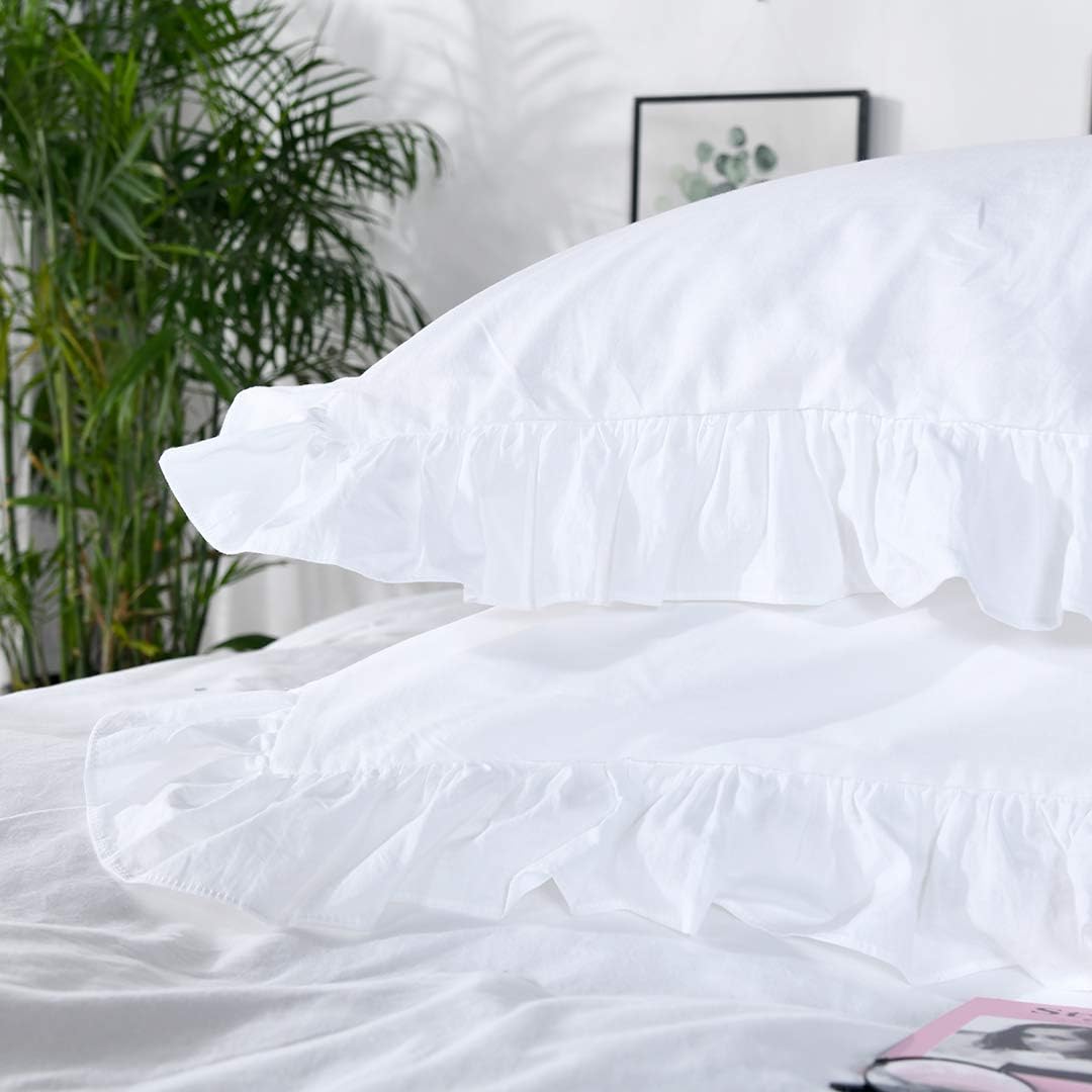 QSH Washed Cotton Ruffled King Duvet Cover Set,Vintage White Shabby Boho Chic Ruffle Farmhouse Bedding Comforter Quilt Cover 3 Pieces Aesthetic French Country Cottage King Bedding