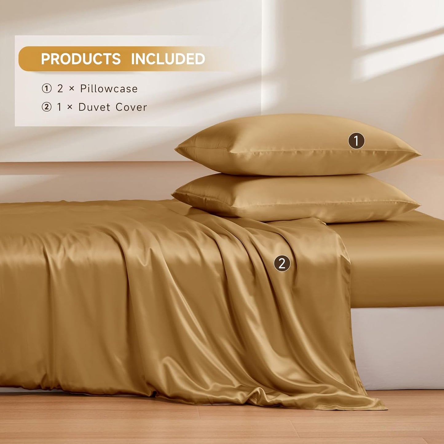 THXSILK 100% Pure Mulberry Silk Duvet Cover Set 3 Piece, 6A+ Grade Luxury Soft Bedding Silk Sheets for Hair and Skin, 1 Pcs Quilt/Comforter Cover with 2 Zippered Pillowcases (Metallic Gold, Queen)