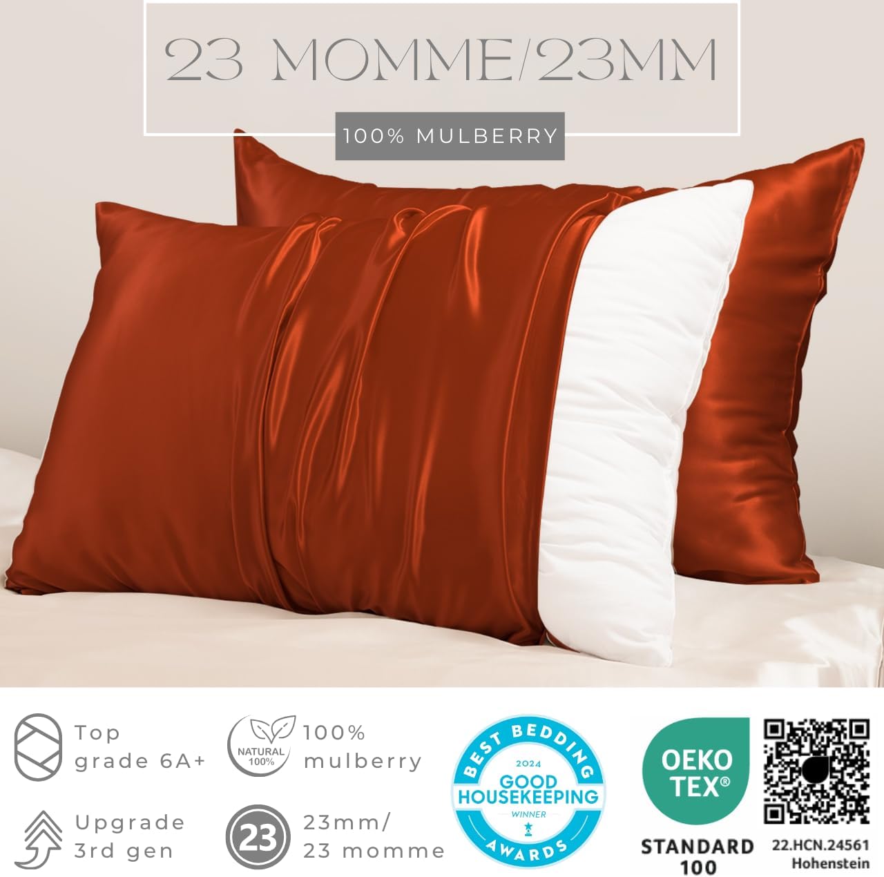 PROMEED Mulberry Silk Pillowcases Set of 2, Both Sides 100% 23 Momme Real Silk Pillow Case Standard Size 2 Pack, Natural Silk Pillow Cover for Sensitive Skin (Standard 20"x26", Dusk)