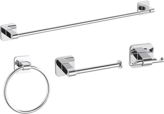 Bathroom Accessories Set, 4 Pieces Bathroom Hardware Set, 24 inch Towel Bar, Towel Racks, Robe Towel Hooks, Toilet Paper Holder Wall Mounted Or Self-Adhesive,Stainless Steel and Plastic (Chrome)