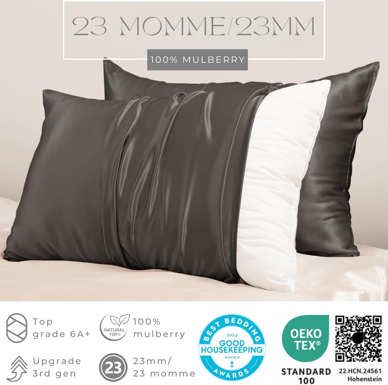 PROMEED 23 Momme Grade 6A+ Mulberry Silk Pillowcase 2 Pack, 100% Natural Silk Pillow Cases Set of 2, Premium Silk Pillow Case Cover for Hair and Skin (Queen 20"x30", Grey)